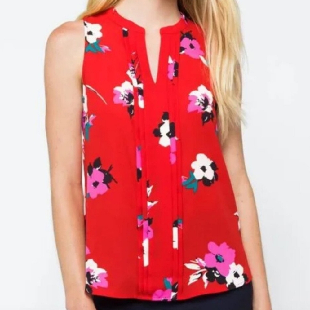 41 HAWTHORN Breyson Blouse Pleat Detail Split Neck Top Large Sleeveless Floral